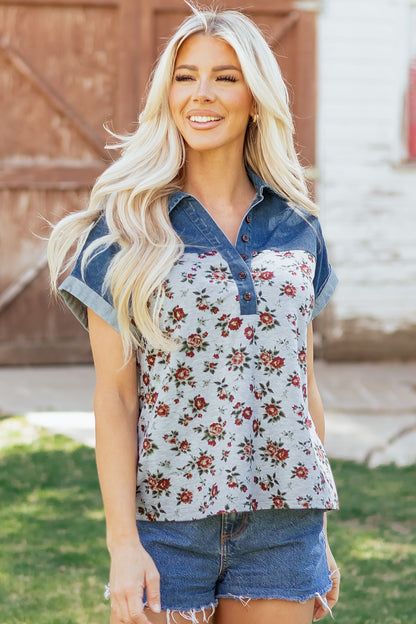 Floral Color Block Polo Henley Button Casual Top