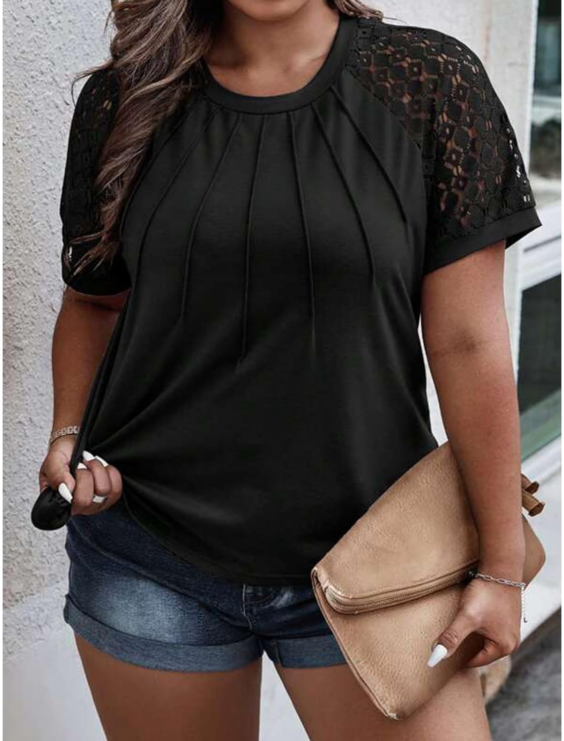 Women's Plus Size Contrast Lace Short Sleeve Tee Round Neck Summer T Shirt Tops