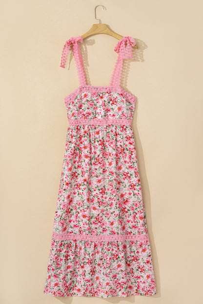 Pink Floral Lace Strap Empire Waist Maxi Dress