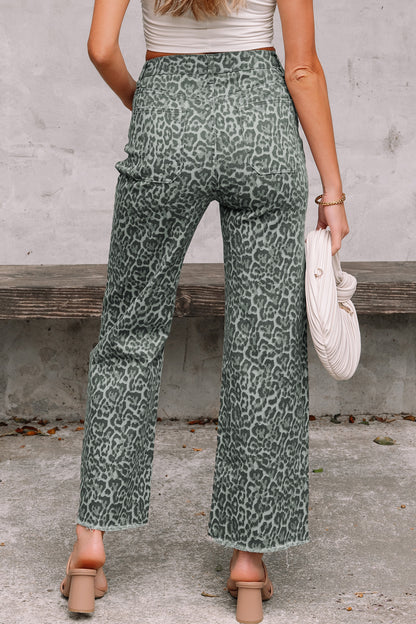 Brown Leopard Frayed Edge Wide Leg High Waist Jeans