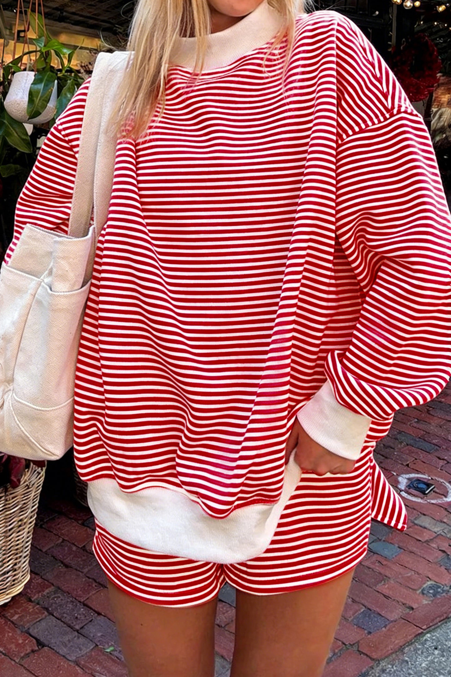 Pink Stripe Oversized Mock Neck Sweatshirt Shorts Set