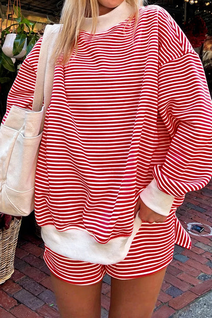 Pink Stripe Oversized Mock Neck Sweatshirt Shorts Set