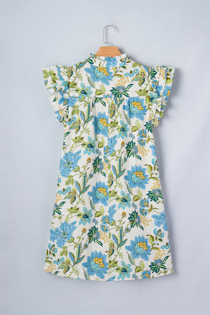 Boho Floral Ruffle Sleeve V Neck Shift Mini Dress