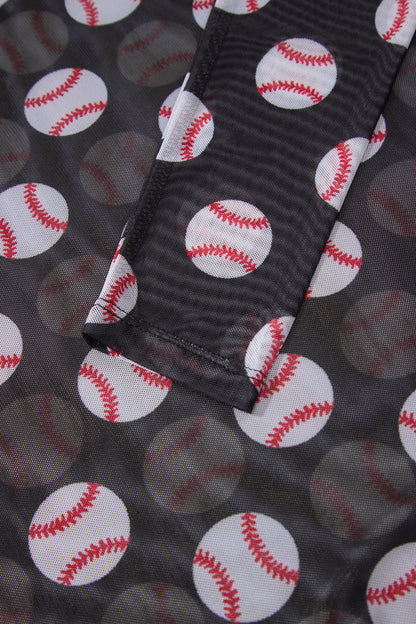 Football Print Mesh Mock Neck Game Day Long Sleeve Top