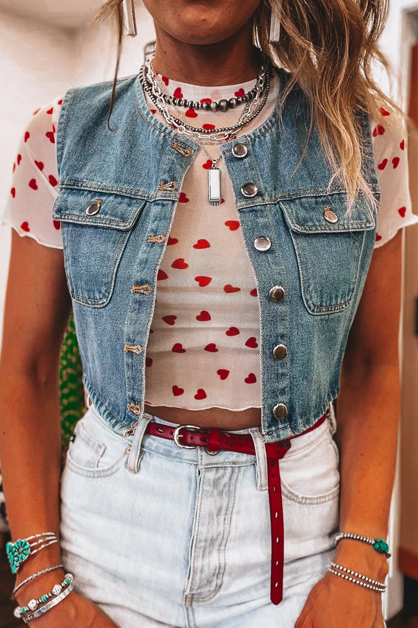 Racing Red Allover Heart Print Mesh Short Sleeve Top
