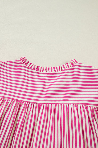 Rose Stripe Shirred Blouse Ruffle Sleeve Summer Top