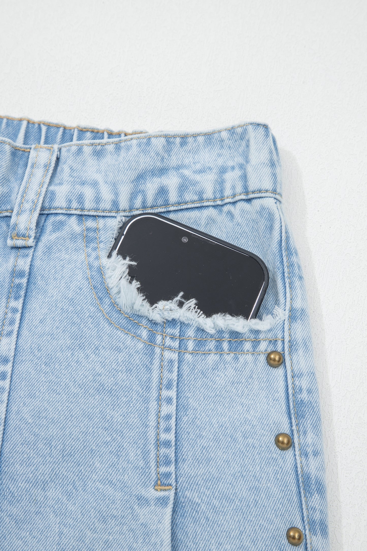 Beau Blue Studded Side Slit Wide Leg Jeans Frayed Pockets