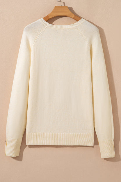 Button Cuff Bishop Sleeve Crew Neck Knit Sweater
