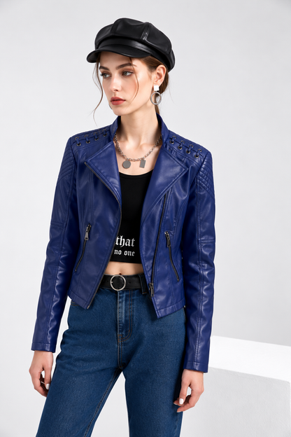 Womens Faux Leather Moto Jacket Slim Fit