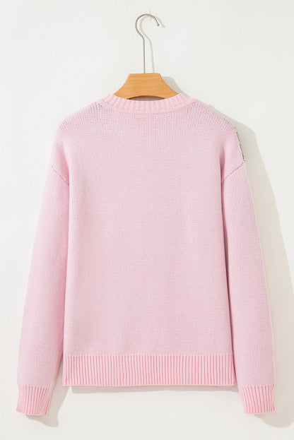 Pink Christmas Ginger Bread Man Print Round Neck Casual Sweater