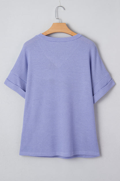 Strawberry Pink Waffle Knit V Neck Short Sleeve Casual Top