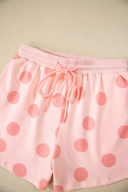 Pink Polka Dot Drop Shoulder Pullover Shorts Set