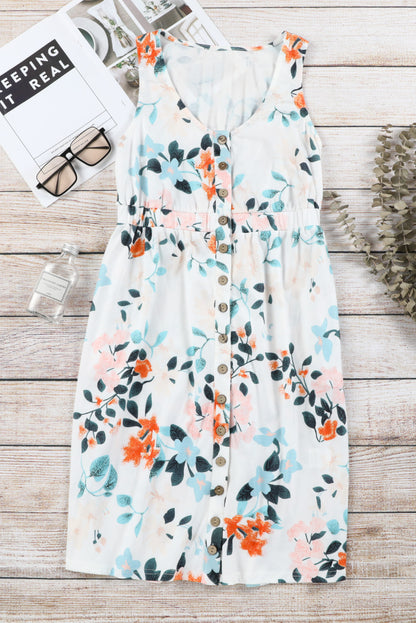 Easter Floral Sleeveless Button Front High Waist Mini Dress