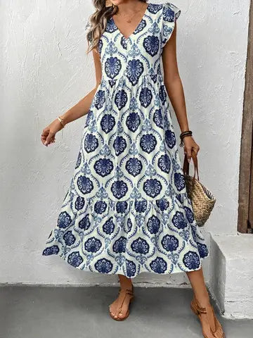 Boho V-Neck Sleeveless Maxi Dress with Floral Print