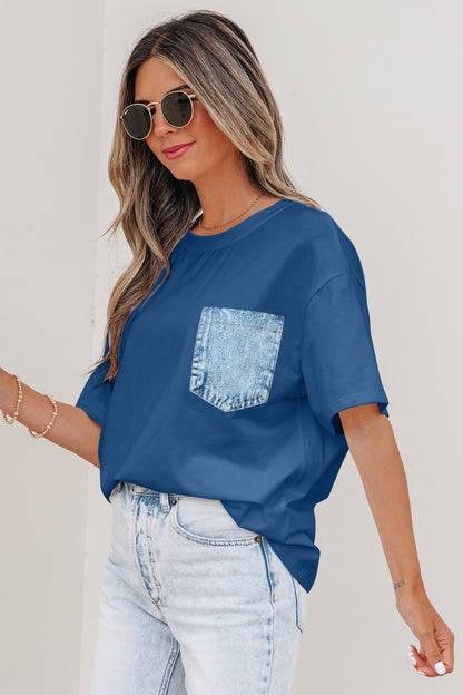 Pocket Tee Women Contrast Denim Pocket Casual T Shirt