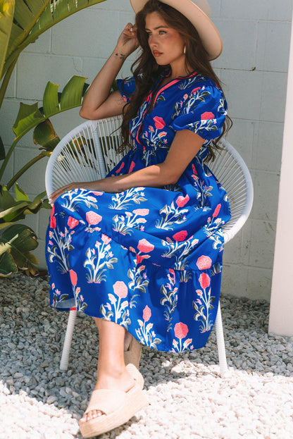 White Floral Contrast Trim V Neck Maxi Dress