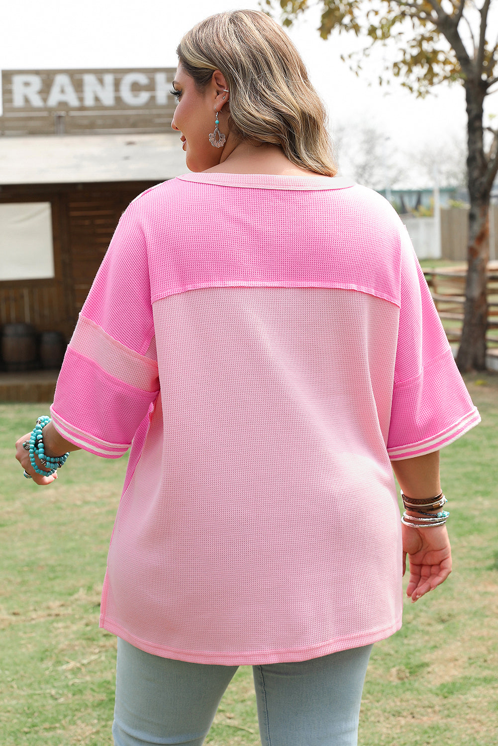 Green Stripe Patchwork Colorblock Plus Size T Shirt