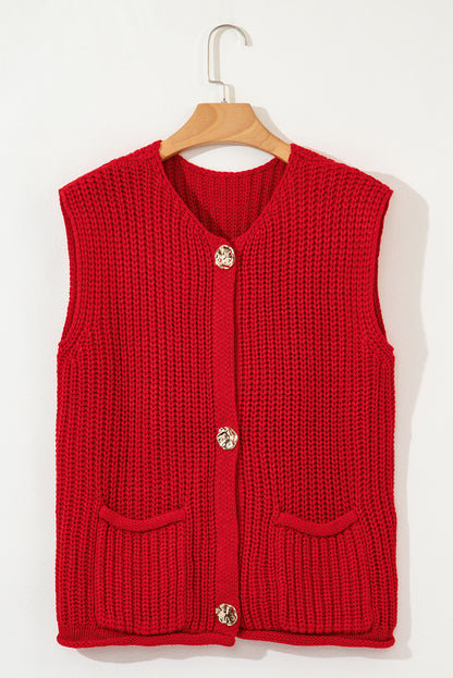 White Chunky Knit Button Front Sweater Vest Women