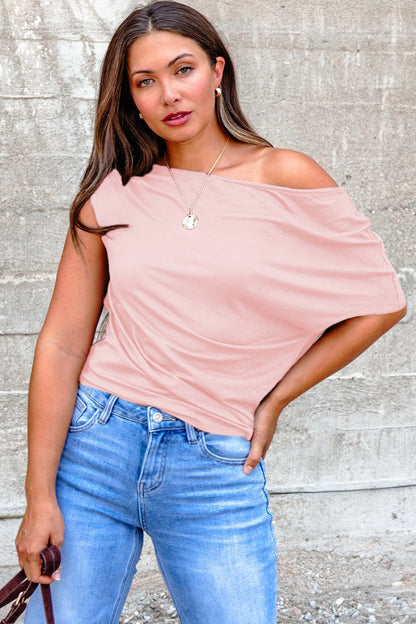 Pink Plus Size Asymmetric Neck Short Sleeve Blouse