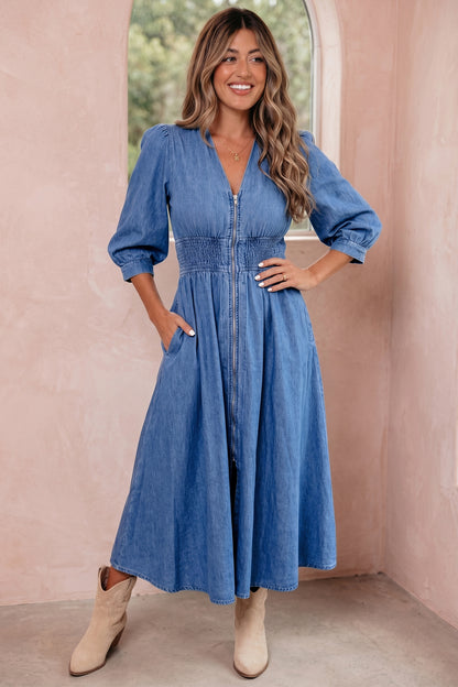Denim Zip Front Smocked Waist Puff Sleeve Midi Dress