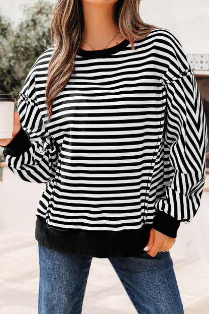 Red Stripe Oversized Pullover Exposed Seam Long Sleeve Top
