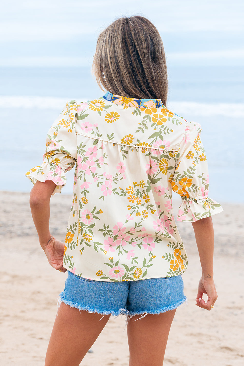 Boho Floral V Neck Crochet Trim Puff Sleeve Blouse