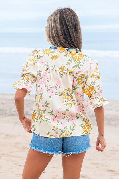 Boho Floral V Neck Crochet Trim Puff Sleeve Blouse