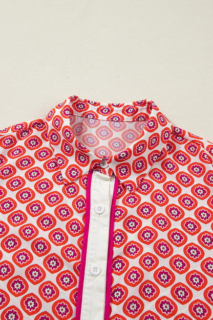 Orange Geometric Print Button Front Ruffle Hem Mini Dress