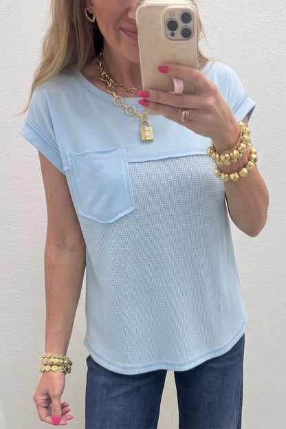 Waffle Knit Patchwork Pocket Loose Fit Casual T Shirt