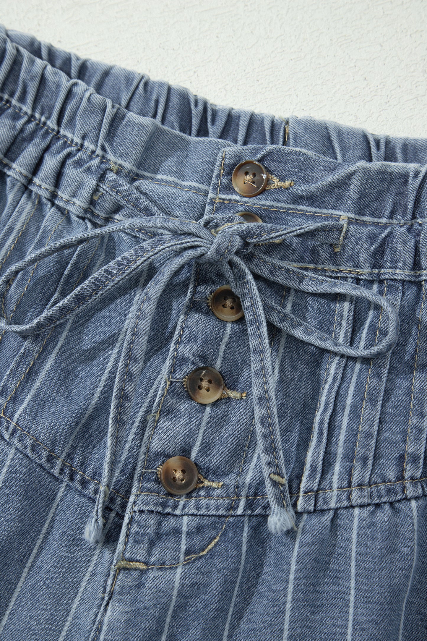Sky Blue Stripe High Waist Button Denim Shorts Drawstring