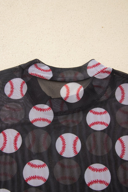 Football Print Mesh Mock Neck Game Day Long Sleeve Top