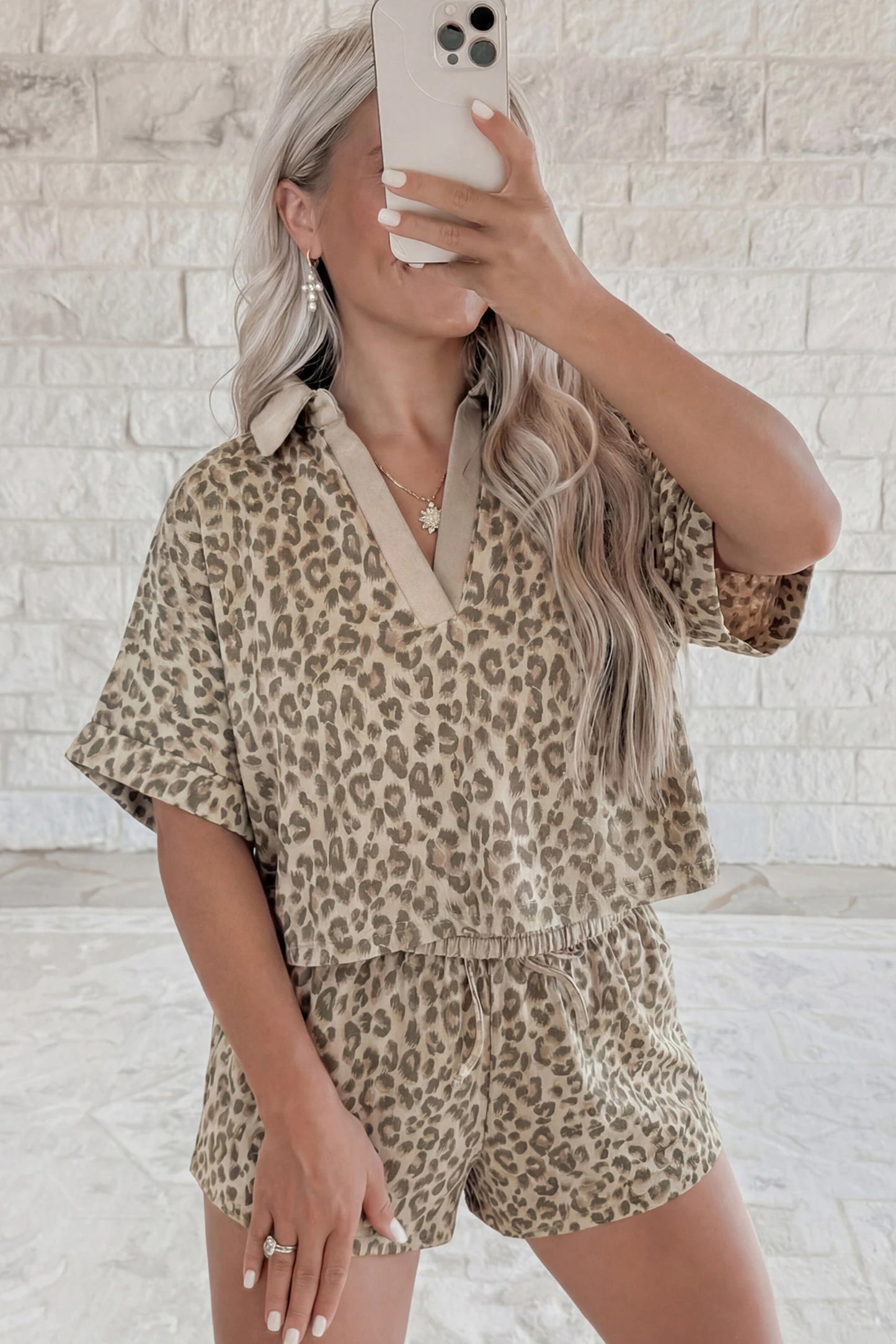 Brown Leopard Collared V Neck Top & Shorts Set