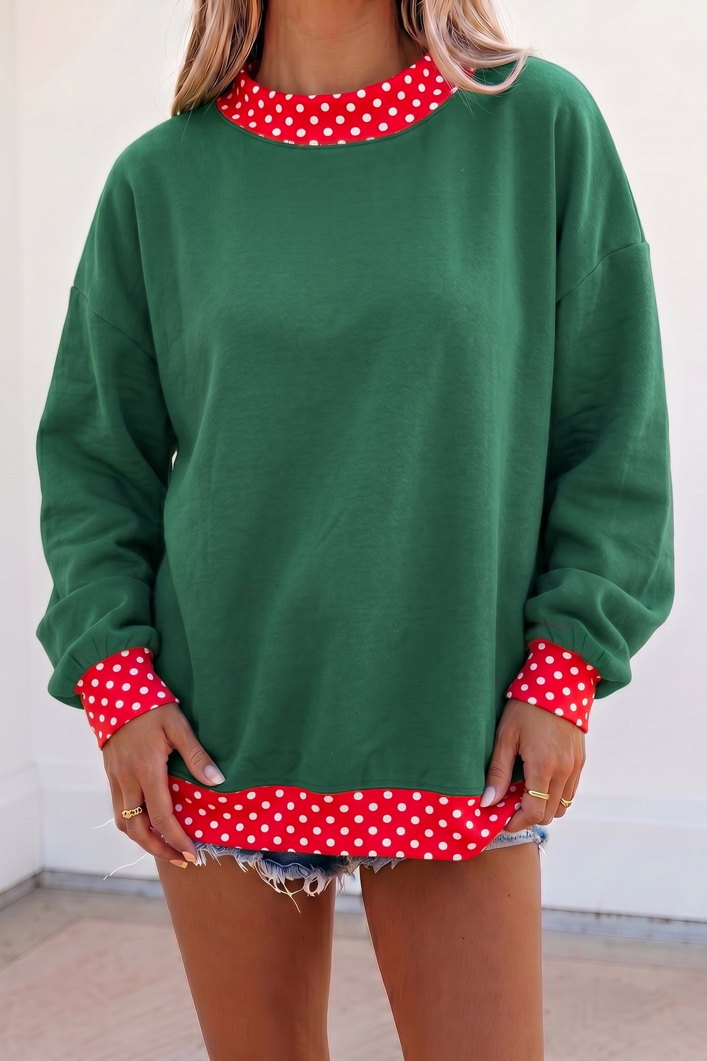 Red Polka Dot Trim Oversized Colorblock Sweatshirt