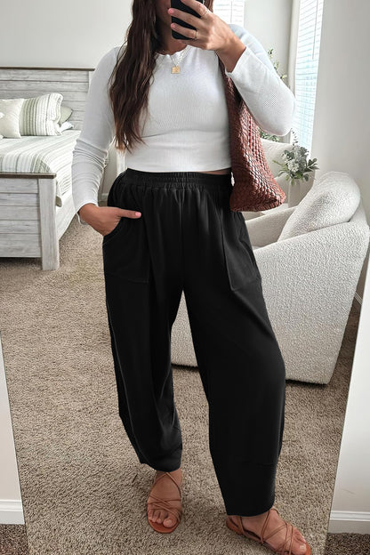 Black Plus Size Elastic Waist Asymmetrical Loose Capris Pants