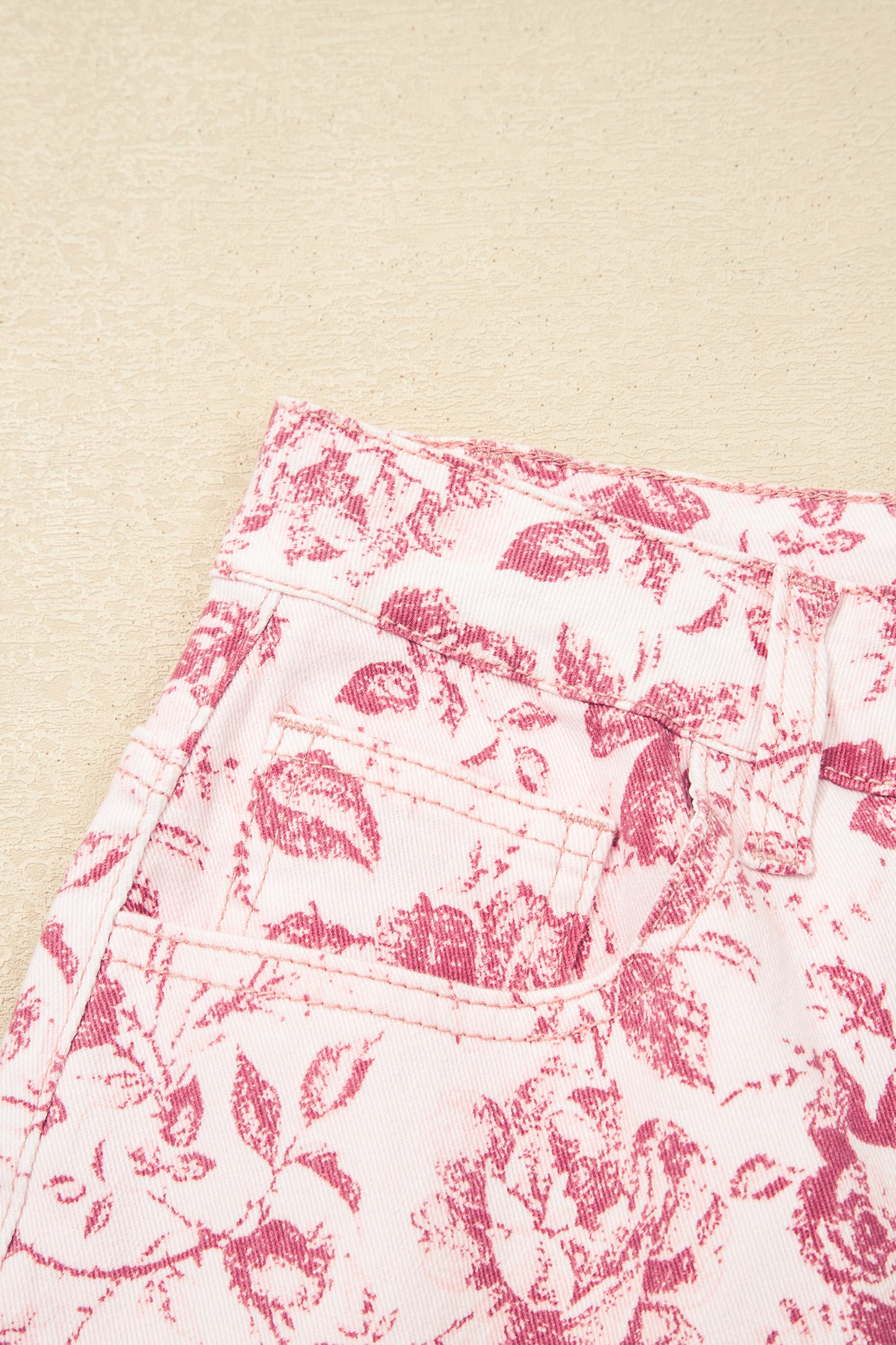 Pink Vintage Floral Print Wide Leg Denim Pants