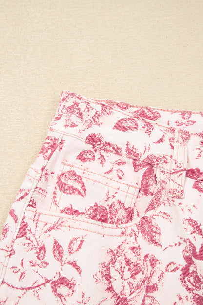 Pink Vintage Floral Print Wide Leg Denim Pants