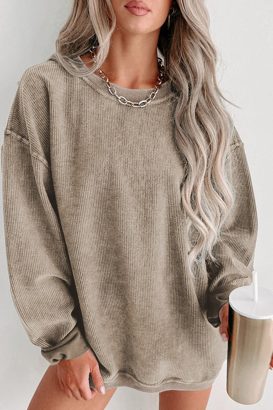 Customizable Solid Ribbed Knit Round Neck Casual PulloverSweatshirt