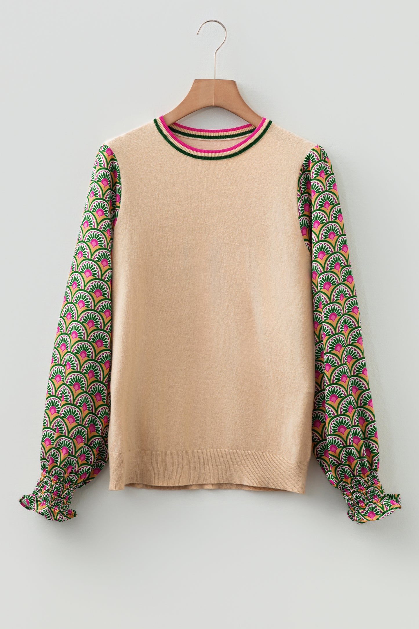 Women Floral Patchwork Puff Sleeve Knit Top