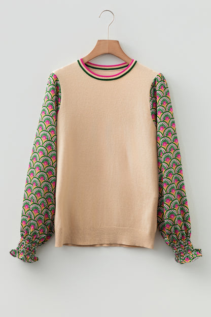 Women Floral Patchwork Puff Sleeve Knit Top