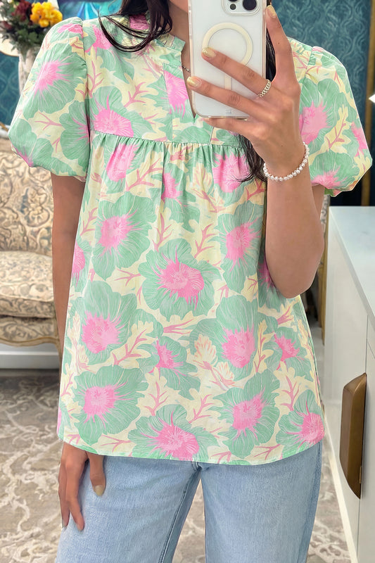 Floral Print Bubble Sleeve Loose Fit Summer Blouse