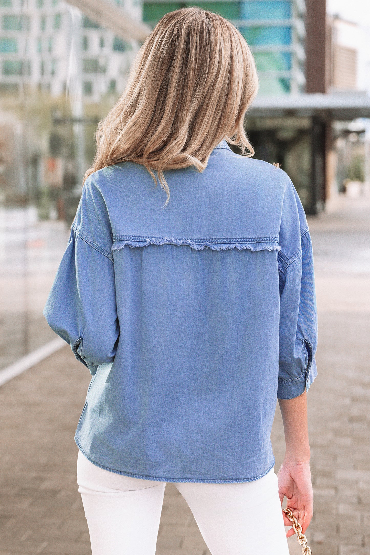 Washed Chambray Drop Shoulder Bracelet Sleeve Shirt