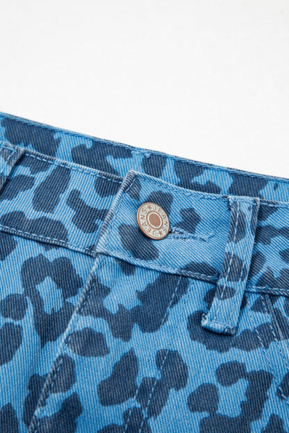 Brown Leopard Denim Frayed Split Denim Midi Skirt