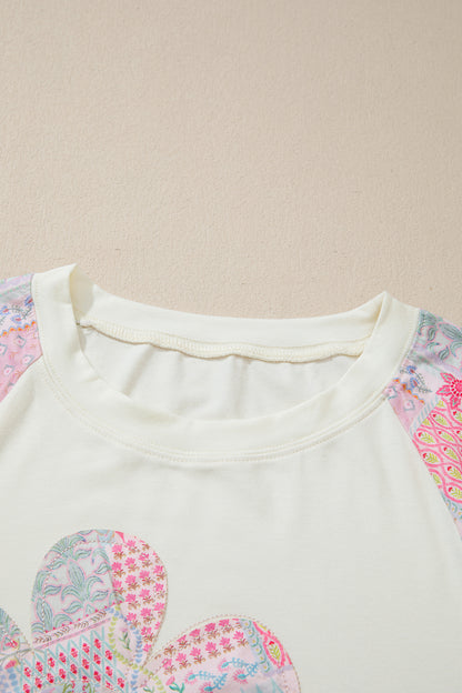 Boho Patchwork Floral Graphic Long Sleeve Top Women