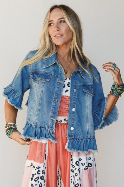 Ruffle Trim Raw Hem Half Sleeve Cropped Denim Jacket