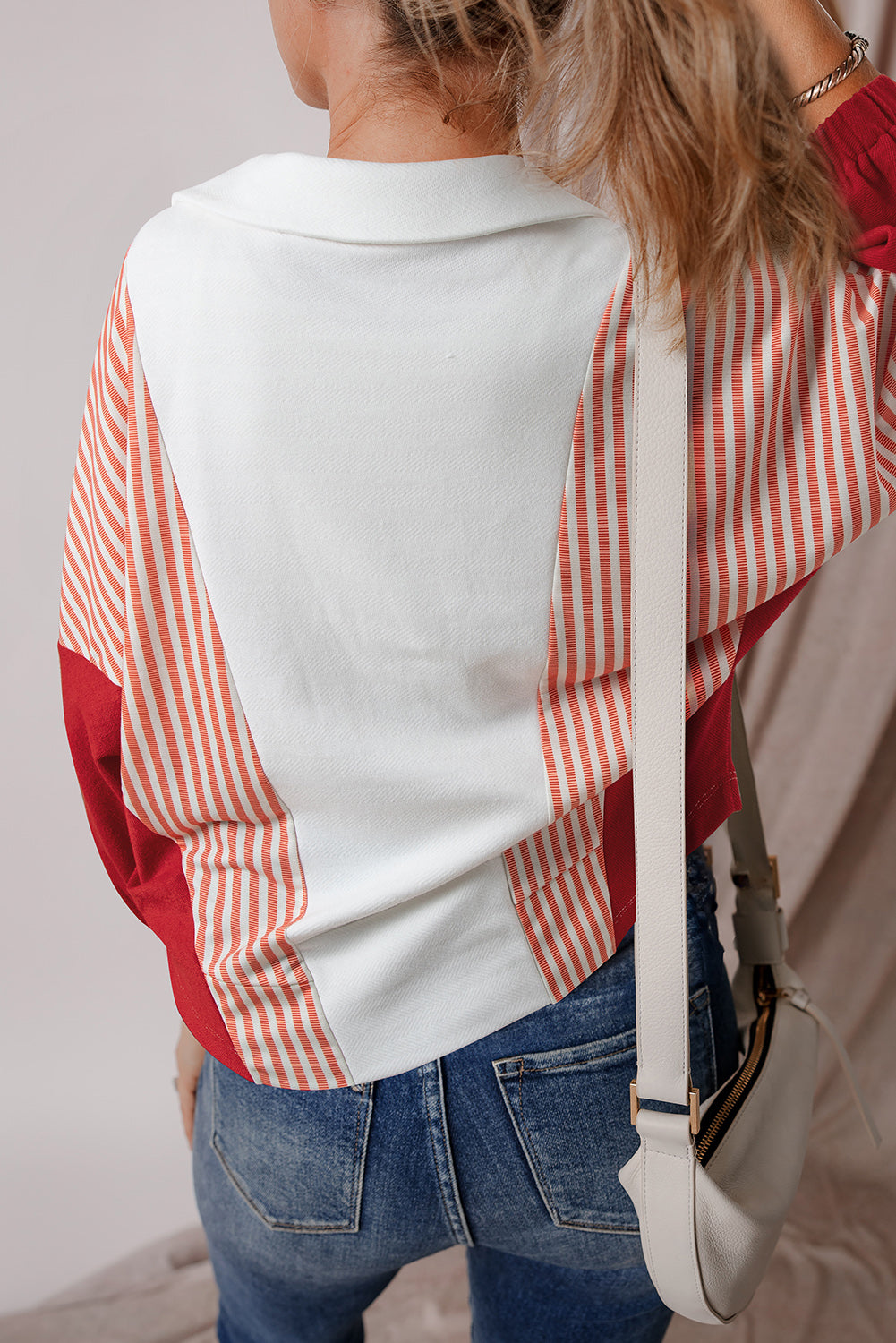 White Striped Color Block Collared V Neck Oversized Sweatshirt