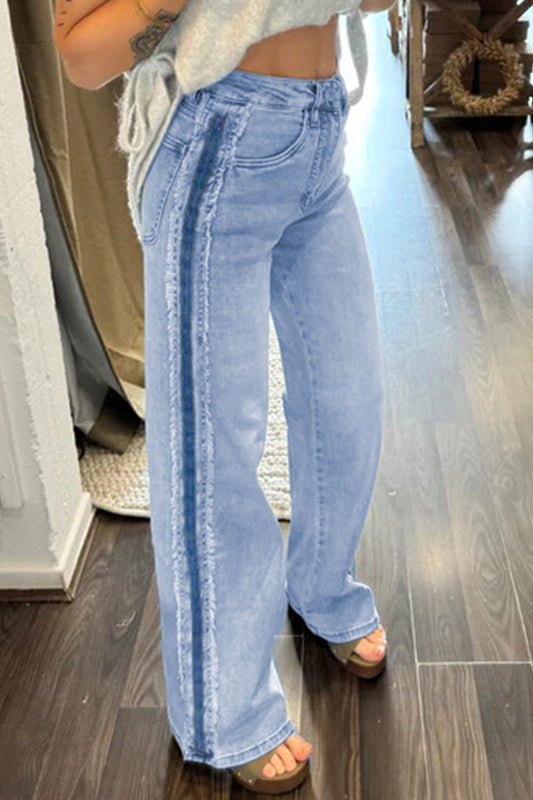 Beau Blue Contrast Stripe Patchwork Frayed Jeans