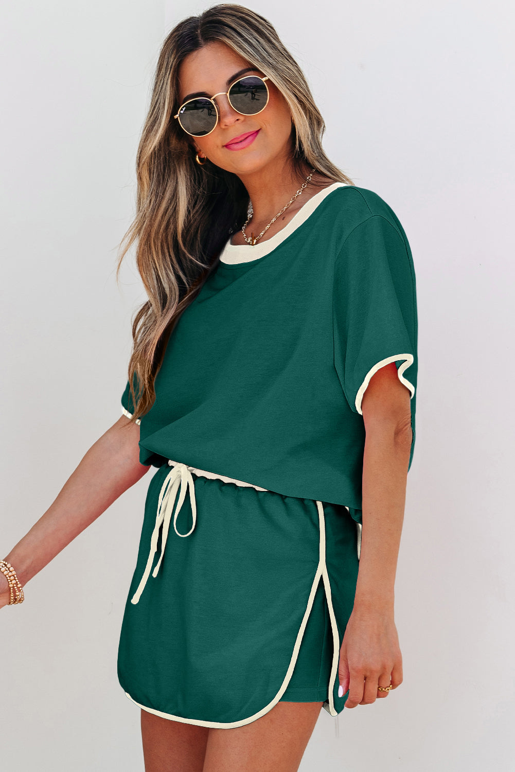 Colorblock Trim Tee Skort Set Drawstring Lounge Set