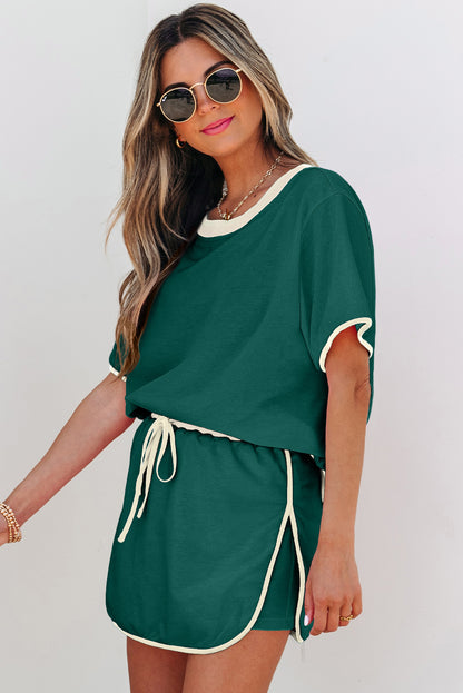 Colorblock Trim Tee Skort Set Drawstring Lounge Set