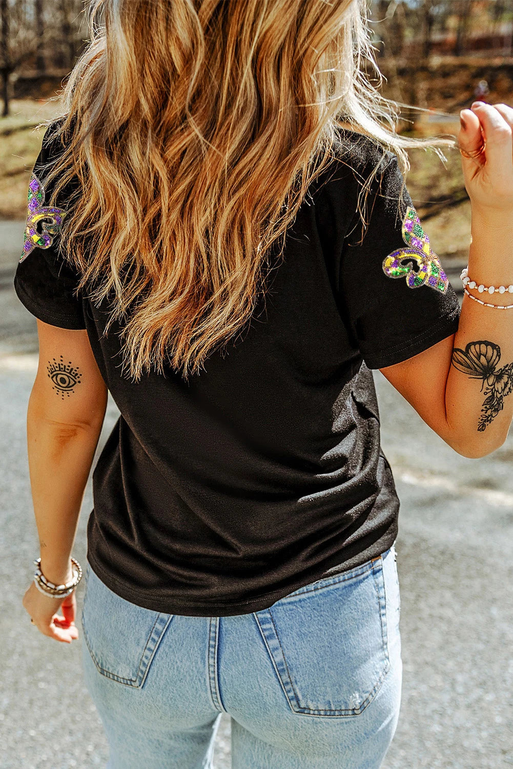 Black Mardi Gras Sequin Fleur De Lis Graphic T-Shirt