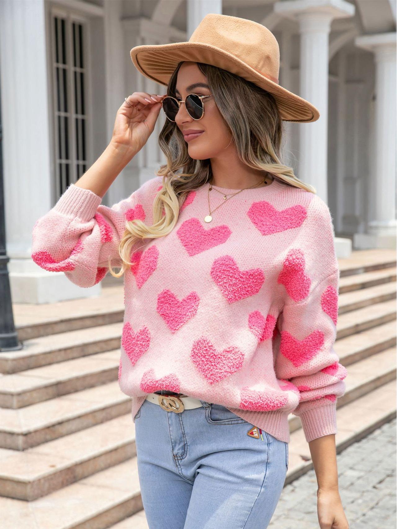 Textured Heart Knit Sweater - Pink Valentine’s Pullover